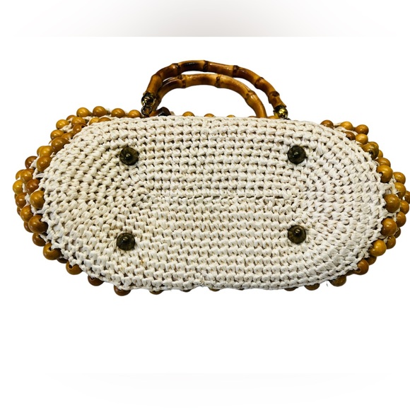 Vintage 50s Beaded Handbag brass Bamboo Handle Wicked Weave Made in Japan - Picture 3 of 12
